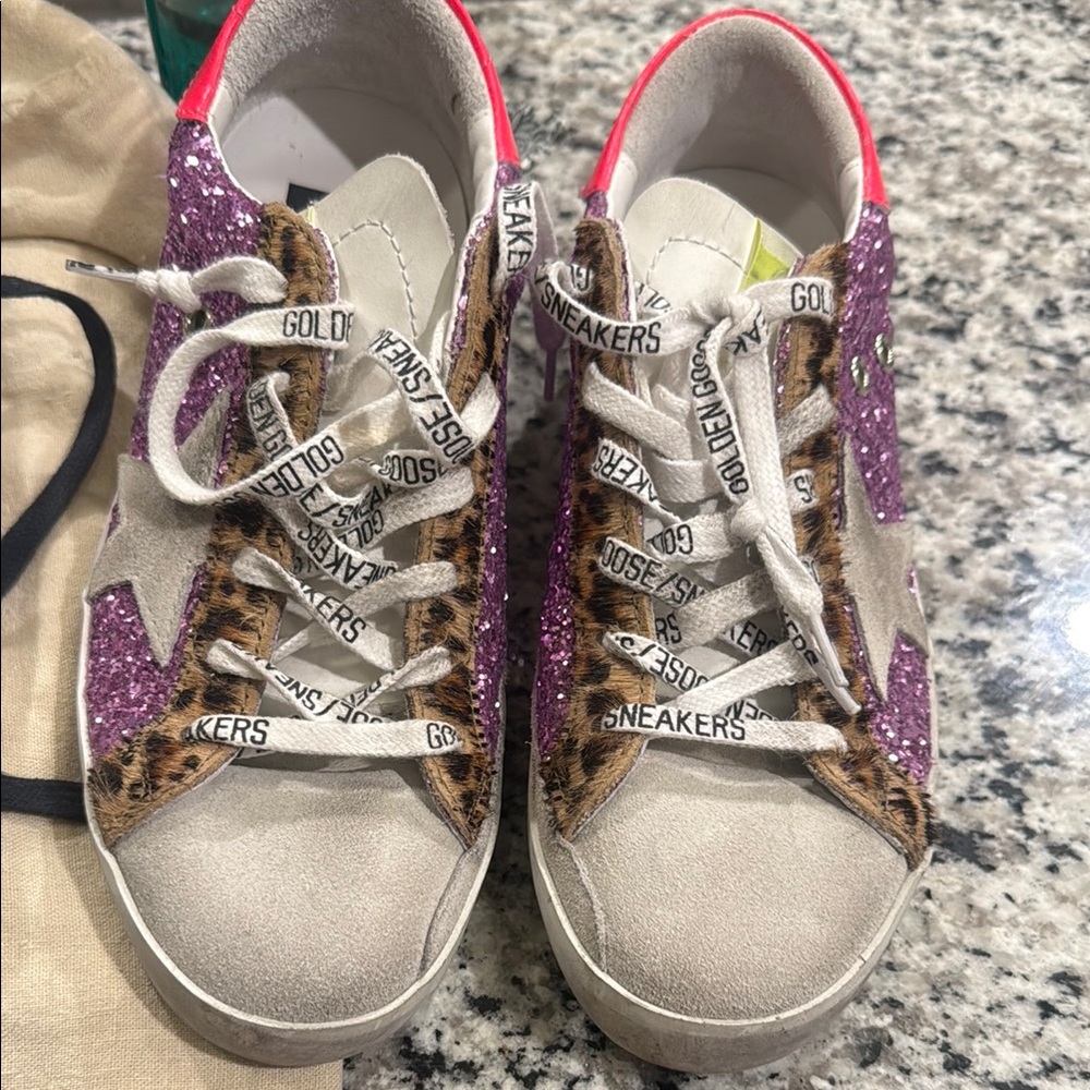 Golden Goose Purple Glitter and Leopard Sneakers